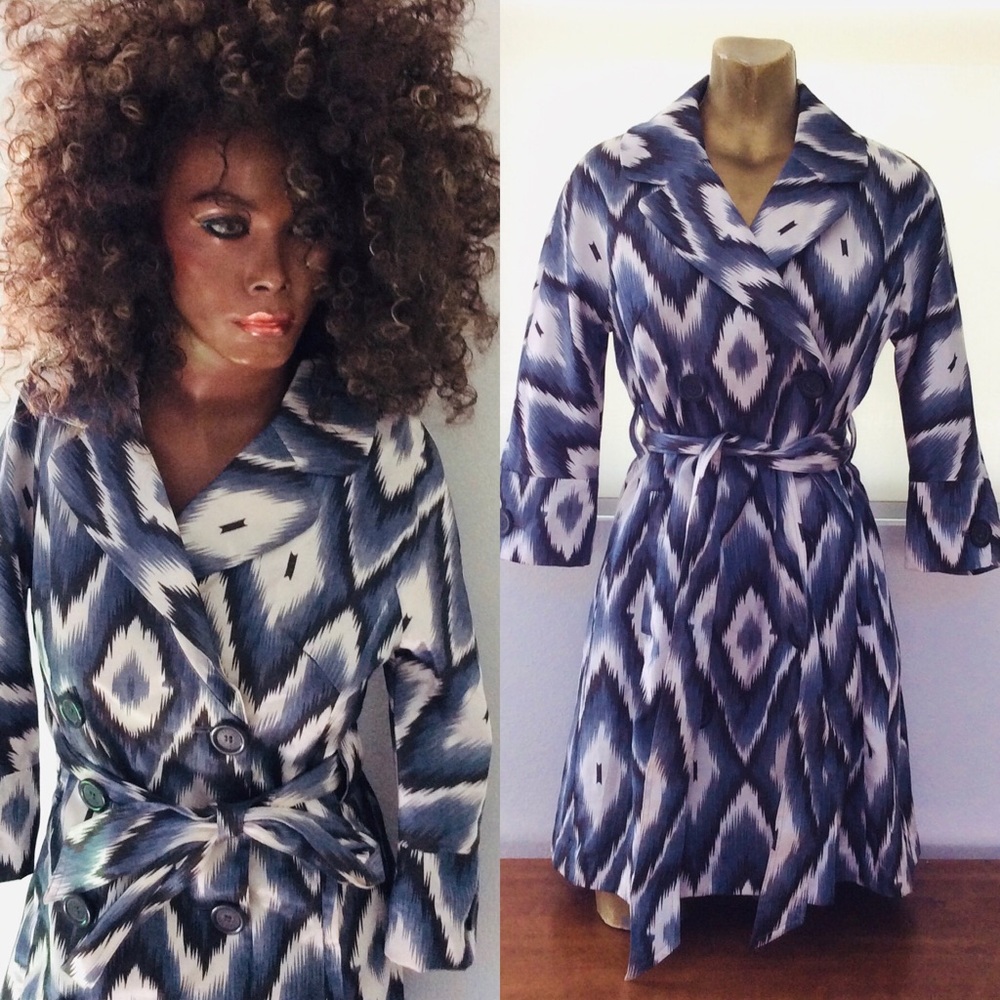 Vertigo Paris Blue and White Ikat Trench Coat